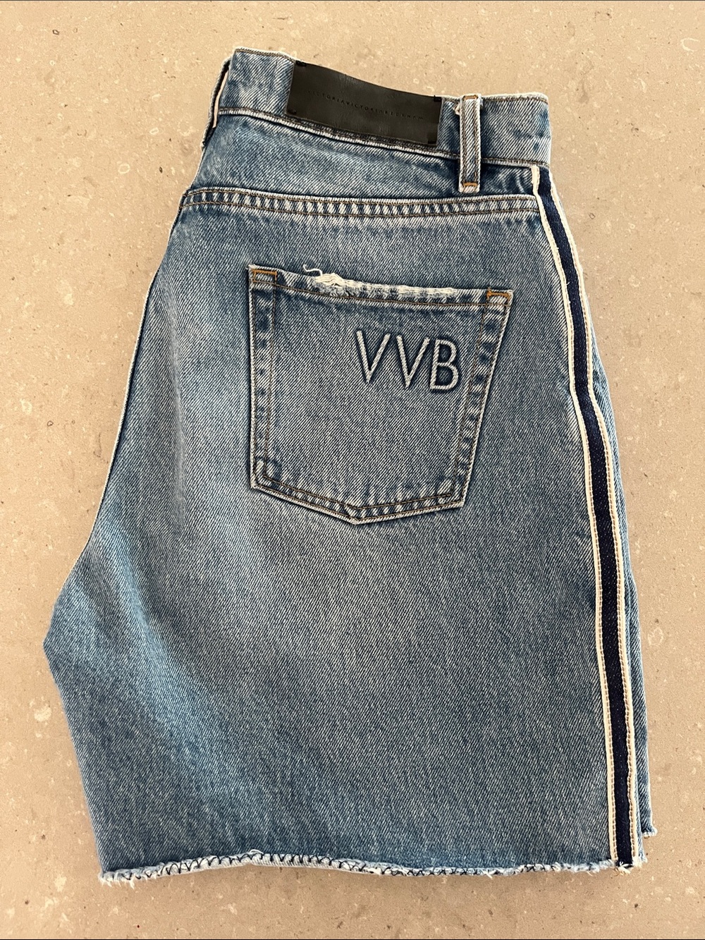 Victoria Beckham VVB Embroidered Denim Shorts with Side Stripe 30